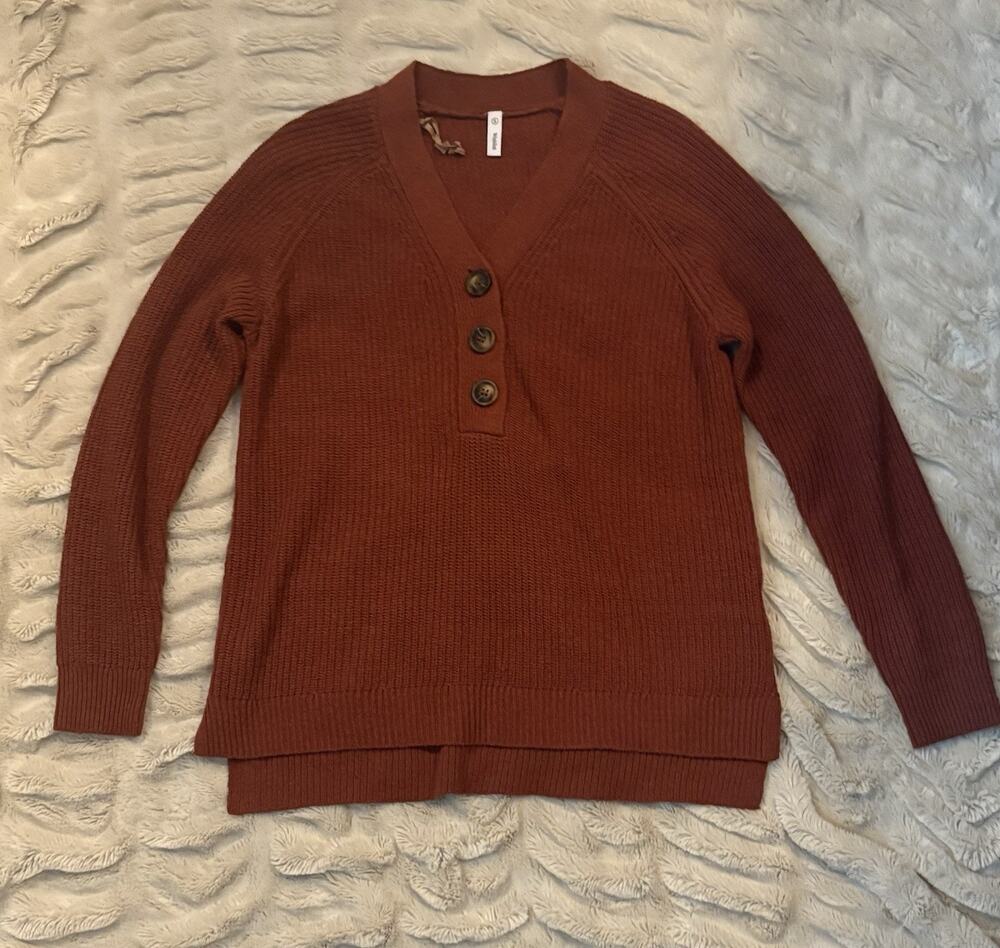 Wishlist Burnt Orange V-Neck Ribbed Henley Sweater Size Small